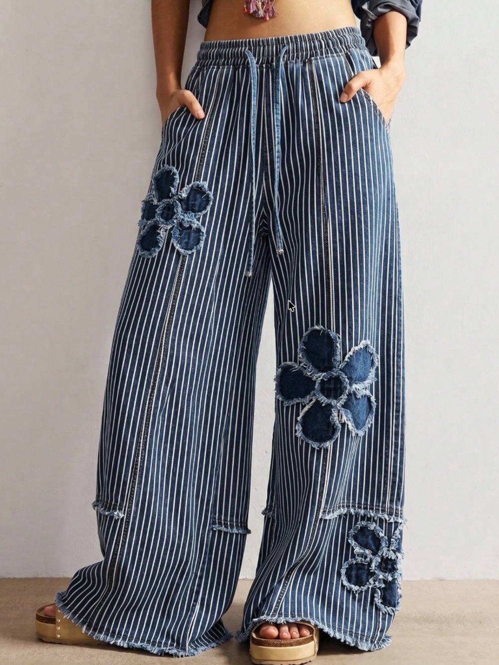 Boho Floral Patchwork Striped Print Wide Leg Denim pants - Picture 1 of 5